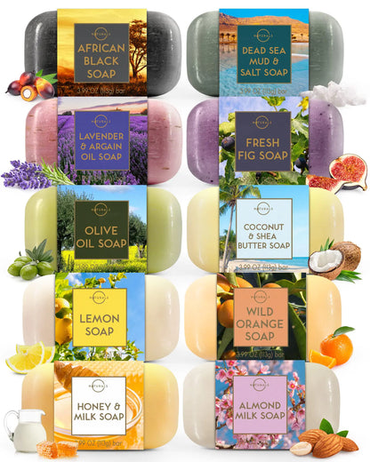 O NATURALS 100% Natural Bar Soap - Assorted 6 PCS Soap Gift Set - Organic Ingredients & Essential Oils - Spa Gifts for Women & Men, Body Wash Soap Bar & Face Soap - Moisturizing Organic Citrus Soap 4 Ounce (Pack of 6)