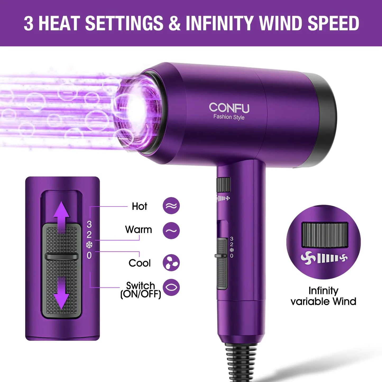 Hair Dryer with Diffuser,CONFU Ionic Blow Dryer 1600W,Portable Lightweight Fast Drying Negative Ion Hairdryer,3 Heat Settings with Diffuser and Concentrator Nozzle for Home & Travel Purple